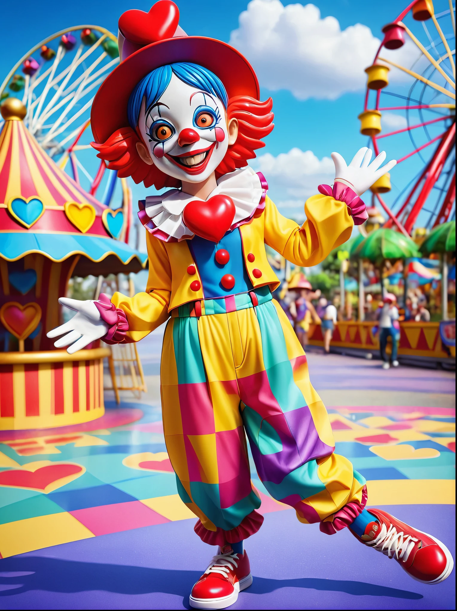 1girl，solo，clown，Grinning，big eyes，sparkling，fit，Wearing chaotic and brightly colored clothing，Wearing a fancy hat with a heart symbol，Baggy pants，Wearing an oversized pair of shoes，Vivid expression of excitement，Open your arms，(Amusement park lively background)，full-body shot，Cartoon Style，Created with C4D and Blender，precise，Blind box toy style，Super Detail，Anatomically correct，masterpiece