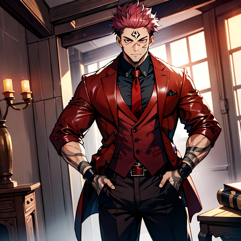 (masterpiece, best quality: 1.2), Solo, nsfw, male focus, 1boy, sukuna, tattoo_On_his_face, male, full bodyesbian, Red Leather jacket, Black Leather shirt, Leather pants, red Leather waistcoat, red Leather tie, Leather Gloves, Bulging muscles, A pink-haired, cow boy shot, 8K, super detailing, hands on penis, large erect penis over 10 inches length and 3 inches width, tight leather suit, inside the house,