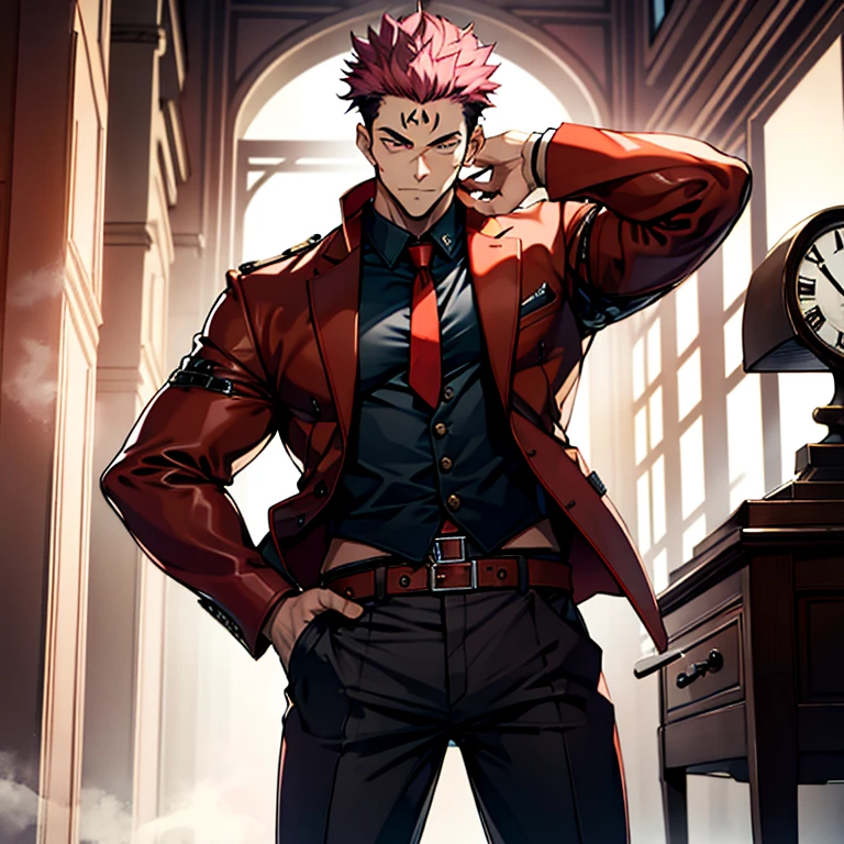 (masterpiece, best quality: 1.2), Solo, nsfw, male focus, 1boy, sukuna, tattoo_On_his_face, male, full bodyesbian, Red Leather jacket, Black Leather shirt, Leather pants, red Leather waistcoat, red Leather tie, Leather Gloves, Bulging muscles, A pink-haired, cow boy shot, 8K, super detailing, hands in pockets, large penis 10 inches length, tight leather suit, inside the house,