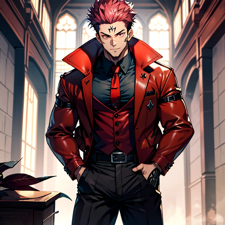 (masterpiece, best quality: 1.2), Solo, nsfw, male focus, 1boy, sukuna, tattoo_On_his_face, male, full bodyesbian, Red Leather jacket, Black Leather shirt, Leather pants, red Leather waistcoat, red Leather tie, Leather Gloves, Bulging muscles, A pink-haired, cow boy shot, 8K, super detailing, hands in pockets, large erect penis over 10 inches length, tight leather suit, inside the house,