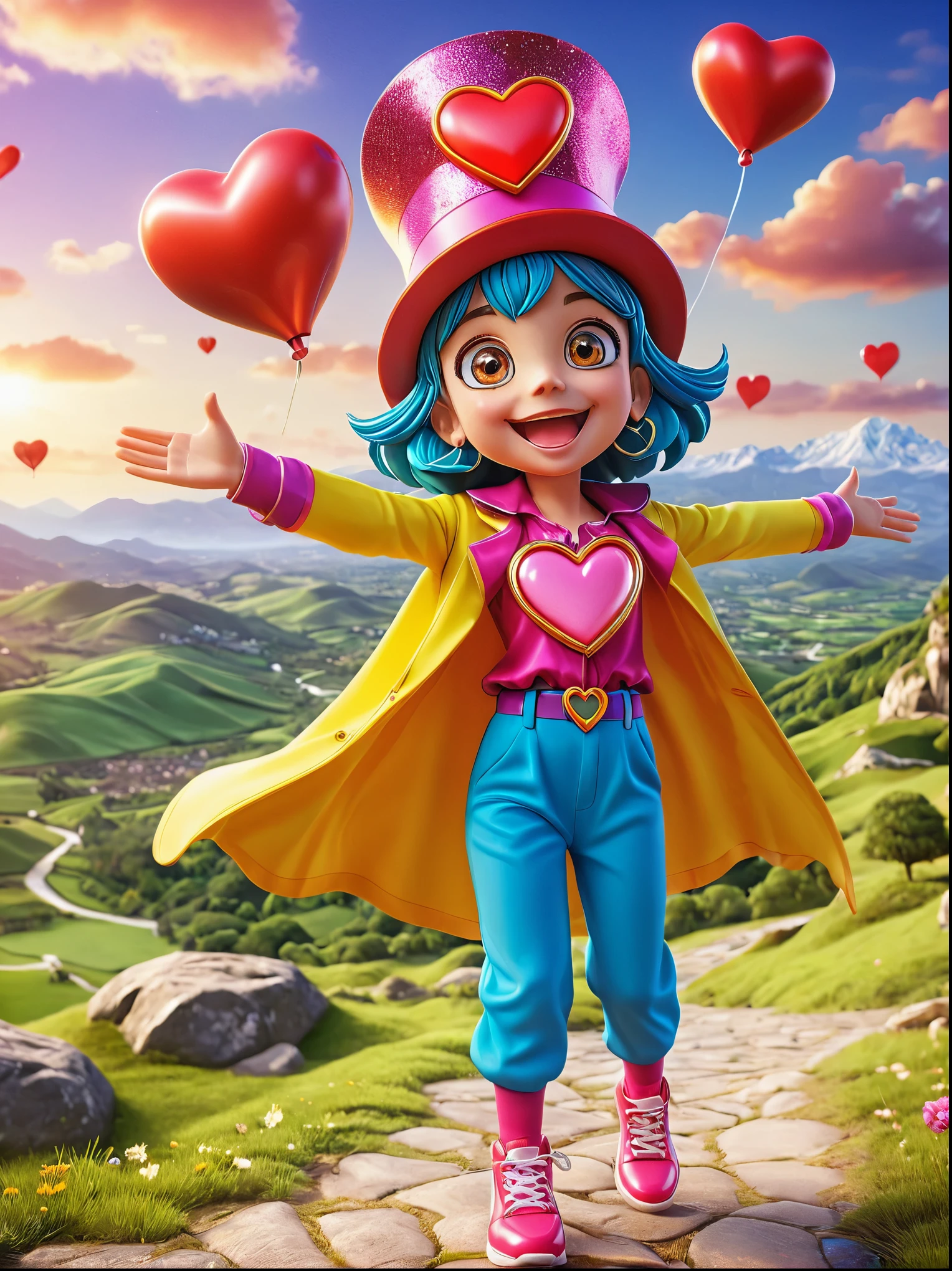 1girl,solo,Grinning,big eyes,sparkling,fit,Wearing chaotic and brightly colored clothing,Wearing a fancy hat with a heart symbol,Baggy pants,Vivid expression of excitement,Open your arms,(The background is a hovering otherworldly landscape),full-body shot,Cartoon Style,Created with C4D and Blender,precise,Blind box toy style,Super Detail,Anatomically correct,masterpiece