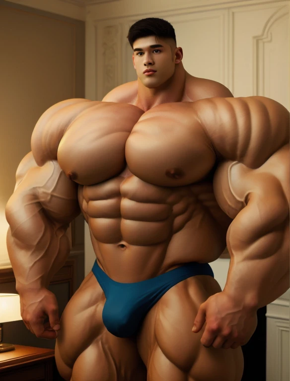 1boy, giant, model shoot style, staring, illuminating light, golden hour, outdoor, strong body, bulk, large size, standing, in the guest room, white triangular underwear, prominent bulge, big, brutalmass, giant, muscular body, bulk, massive body, large meaty body size