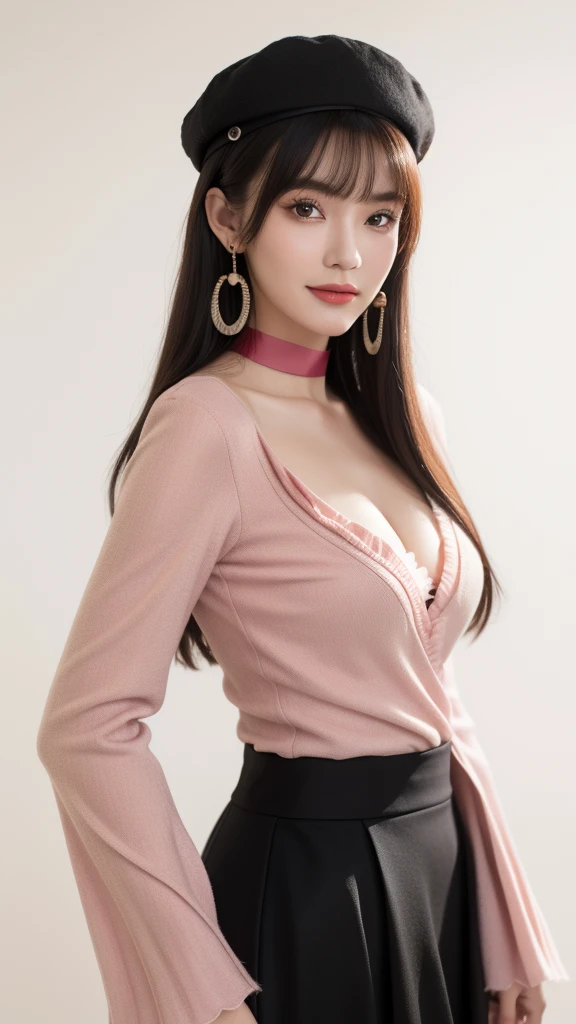 1girl, mayuzumi fuyuko, solo, black hair, hat, jewelry, long hair, looking at viewer, bangs, earrings, skirt, white background, smile, shirt, simple background, heart earrings, long sleeves, heart, black headwear, black shirt, frilled choker, breasts, brown eyes, choker, blunt bangs, upper body, beret, medium breasts, brown skirt, frills, nail polish, ribbon, red nails, closed mouth, animal print, blush, frilled sleeves, leopard print, neck ribbon, own hands together, (best quality,4k,8k,highres,masterpiece:1.2),ultra-detailed,(realistic,photorealistic,photo-realistic:1.37),intricate details, digital painting, highly detailed, exquisite, elegant, gorgeous, soft lighting, warm colors, fantasy, beautiful, magical, whimsical, cute, dreamy, delicate