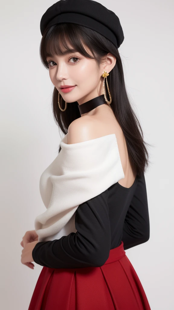 1girl, mayuzumi fuyuko, solo, black hair, hat, jewelry, long hair, looking at viewer, bangs, earrings, skirt, white background, smile, shirt, simple background, heart earrings, long sleeves, heart, black headwear, black shirt, frilled choker, breasts, brown eyes, choker, blunt bangs, upper body, beret, medium breasts, brown skirt, frills, nail polish, ribbon, red nails, closed mouth, animal print, blush, frilled sleeves, leopard print, neck ribbon, own hands together, (best quality,4k,8k,highres,masterpiece:1.2),ultra-detailed,(realistic,photorealistic,photo-realistic:1.37),intricate details, digital painting, highly detailed, exquisite, elegant, gorgeous, soft lighting, warm colors, fantasy, beautiful, magical, whimsical, cute, dreamy, delicate