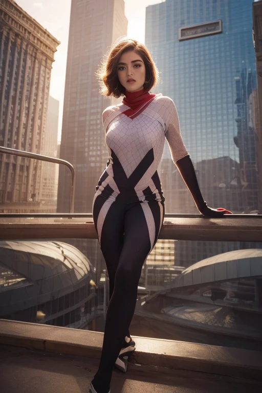 (super futuristic city、science fiction worldview)、on the table, best quality, illustration, Super detailed, fine details, high resolution, 8K, Perfect dynamic composition, Beautiful and delicate eyes,  natural lips, short hair、jumpsuit, super huge titull、