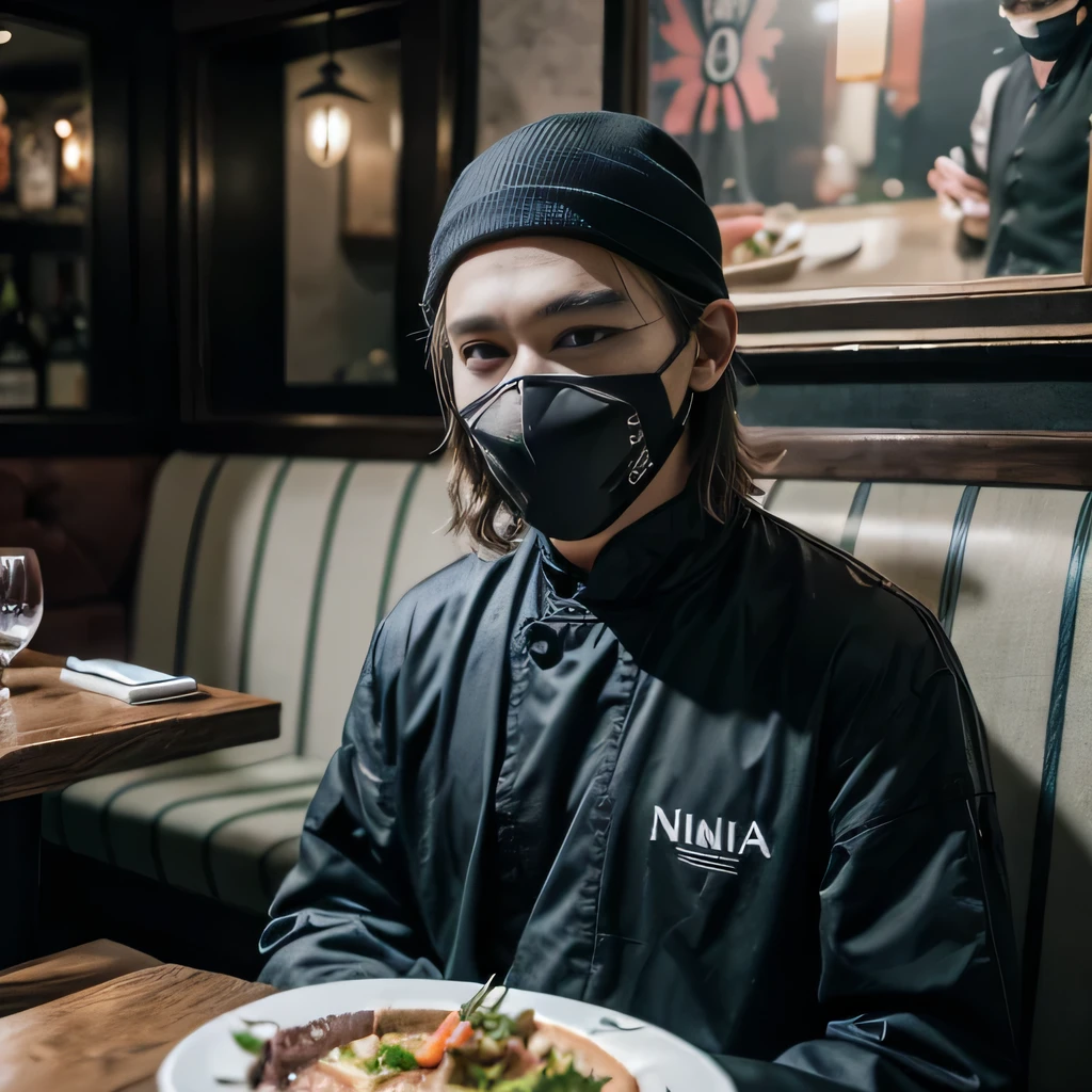 raw photo , 8K, ultra detailed, (realistic:1.2), (1man, ninja, mask:1.3), (steak:1.2), (restaurant:1.4),