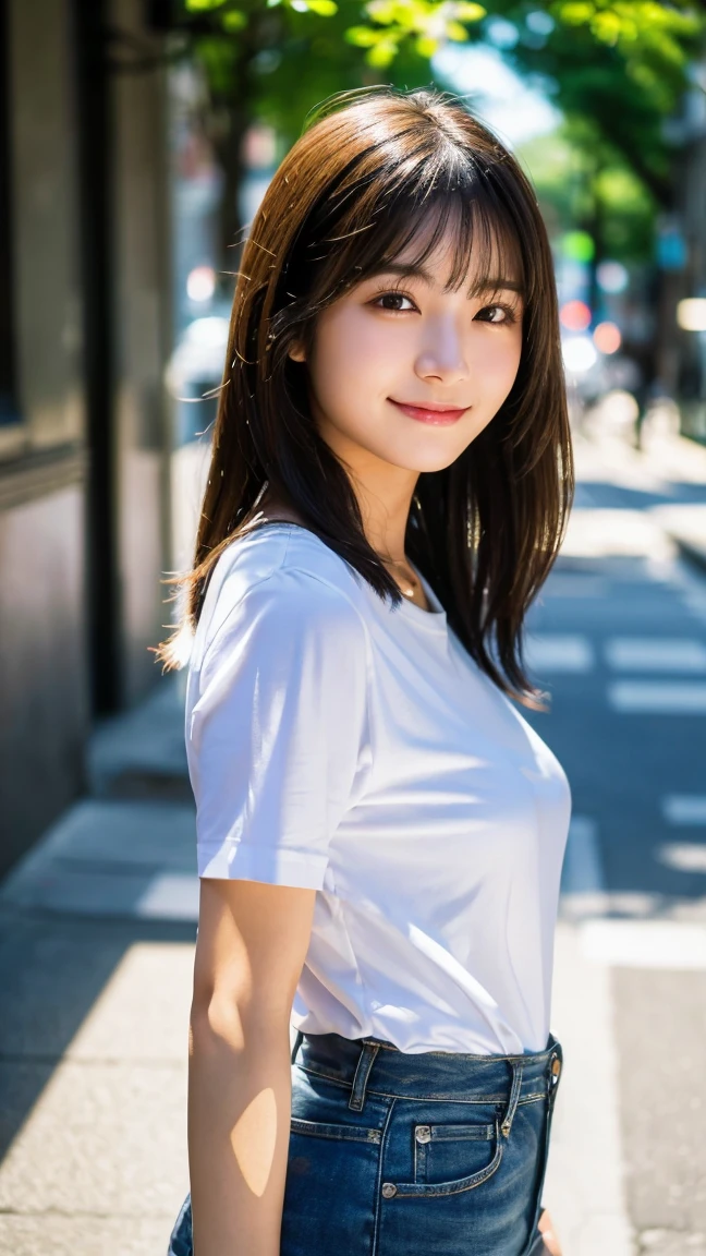 (highest quality,masterpiece:1.3,ultra high resolution),(Super detailed,caustics,8k),(photorealistic:1.4,RAW shooting),1 girl,(look at the camera with a smile),20-year-old,cute,Japanese,black hair long bronde, Wearing a white shirt, denim shorts, Wearing jewelryrealistic, big ,bust up shot,street,face focus,Natural light,Backlight,(A bright light shines from above),(Lens flare),professional writing,(low position),(Low - Angle)