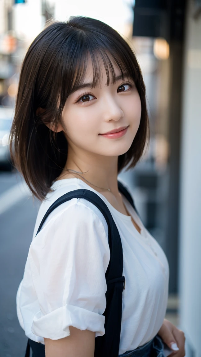 (highest quality,masterpiece:1.3,ultra high resolution),(Super detailed,caustics,8k),(photorealistic:1.4,RAW shooting),1 girl,(look at the camera with a smile),20-year-old,cute,Japanese,black hair long bronde, Wearing a white shirt, denim shorts, Wearing jewelryrealistic, big ,bust up shot,street,face focus,Natural light,Backlight,(A bright light shines from above),(Lens flare),professional writing,(low position),(Low - Angle)