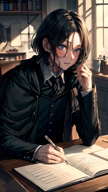 1 man, solo man, Severus snape, sitting at desk, writing on paper, open books on desk, looking at viewer, annoyed look, handsome, slight blush, potion bottles in background