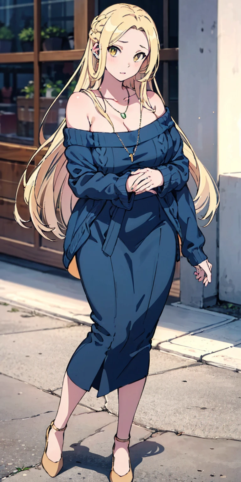 1girl in, age19, Solo, Long hair, Colossal , Looking at Viewer, blond hair, Bare shoulders, Brown eyes, jewelry, Full body, a necklace, off shoulders, Sweaters, Realistic, A sexy
