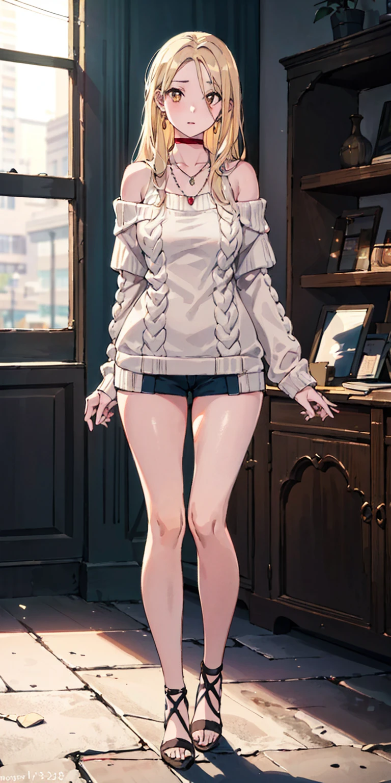 1girl in, age19, Solo, Long hair, Colossal , Looking at Viewer, blond hair, Bare shoulders, Brown eyes, jewelry, Full body, a necklace, off shoulders, Sweaters, Realistic, A sexy