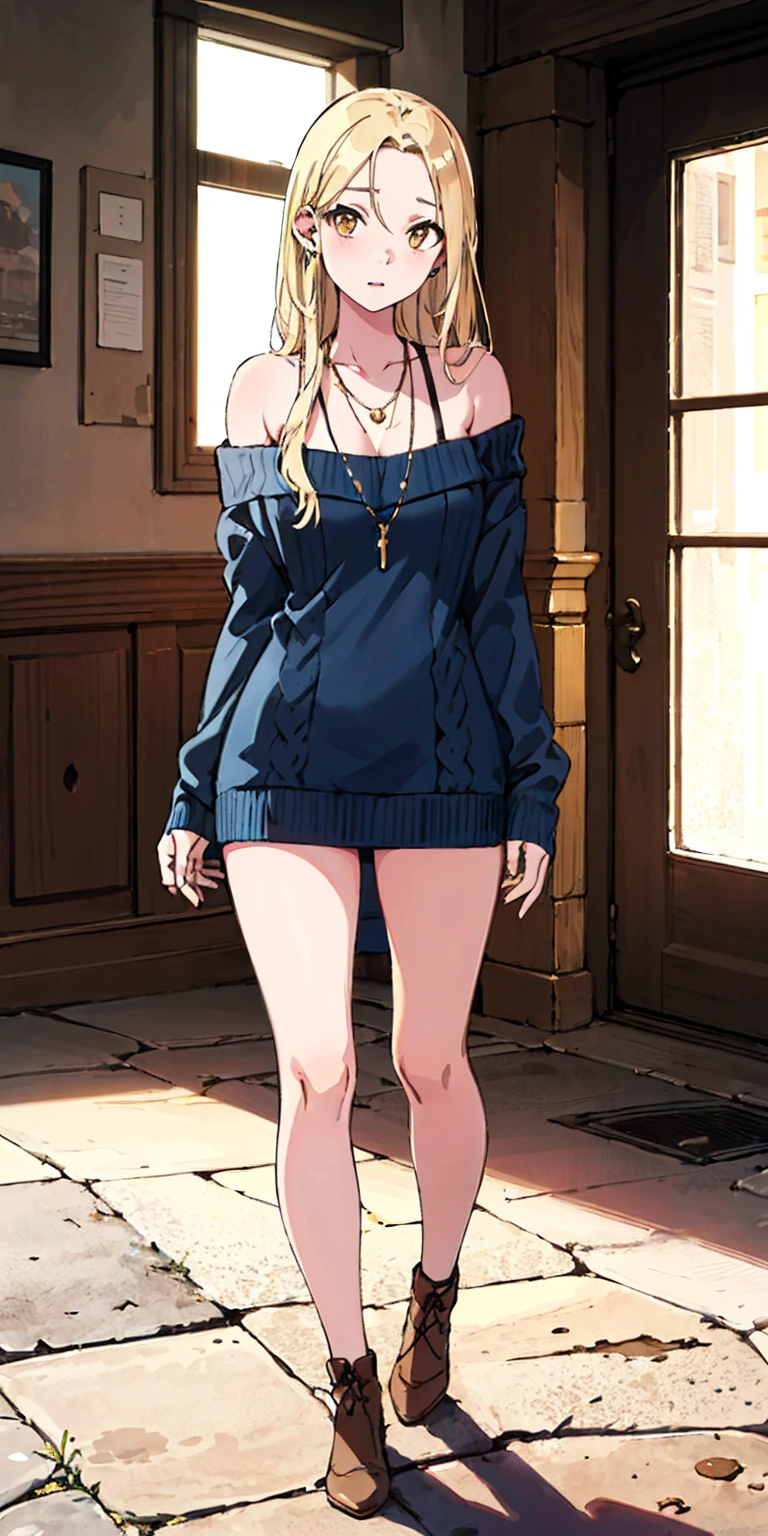 1girl in, age19, Solo, Long hair, Colossal , Looking at Viewer, blond hair, Bare shoulders, Brown eyes, jewelry, Full body, a necklace, off shoulders, Sweaters, Realistic, A sexy