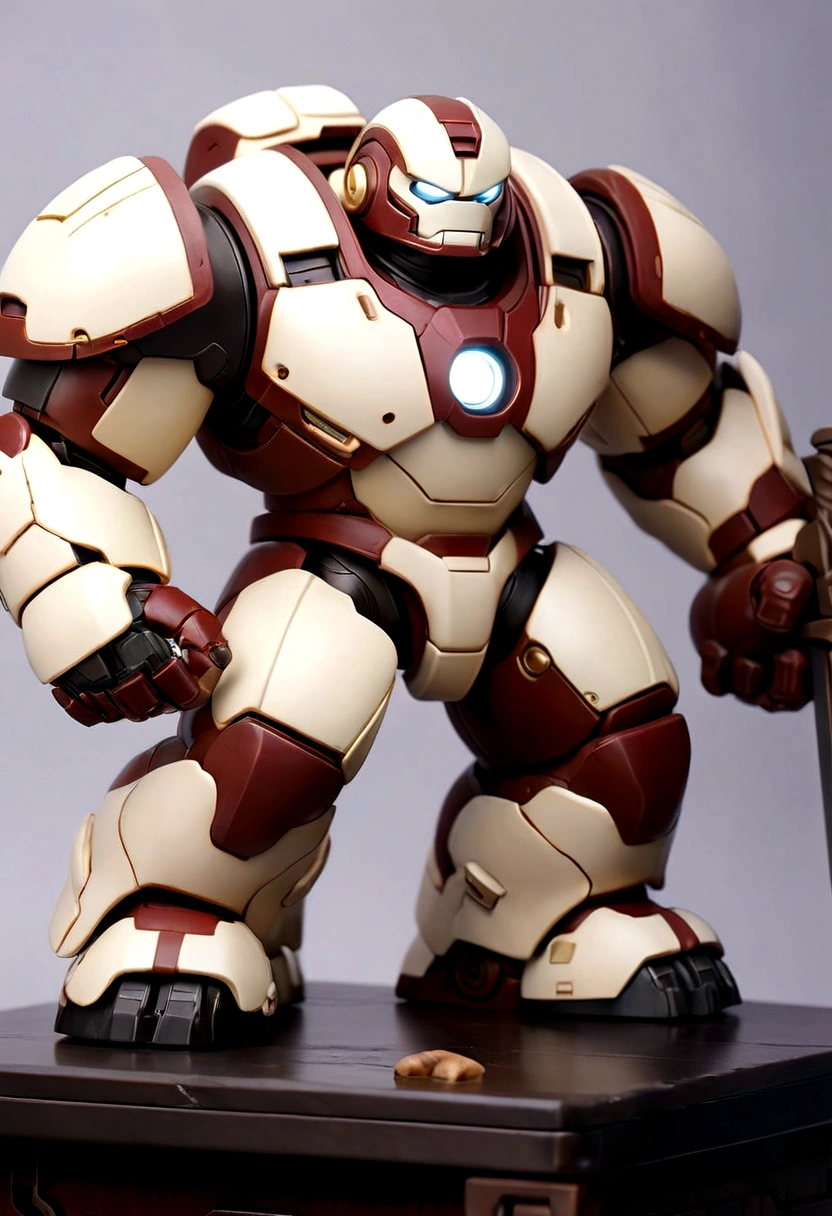 a small rusty old white hulkbuster samurai figure on the table, black steel mecha accent, hero pose, bird eye view, holding a sword, dieter ram style