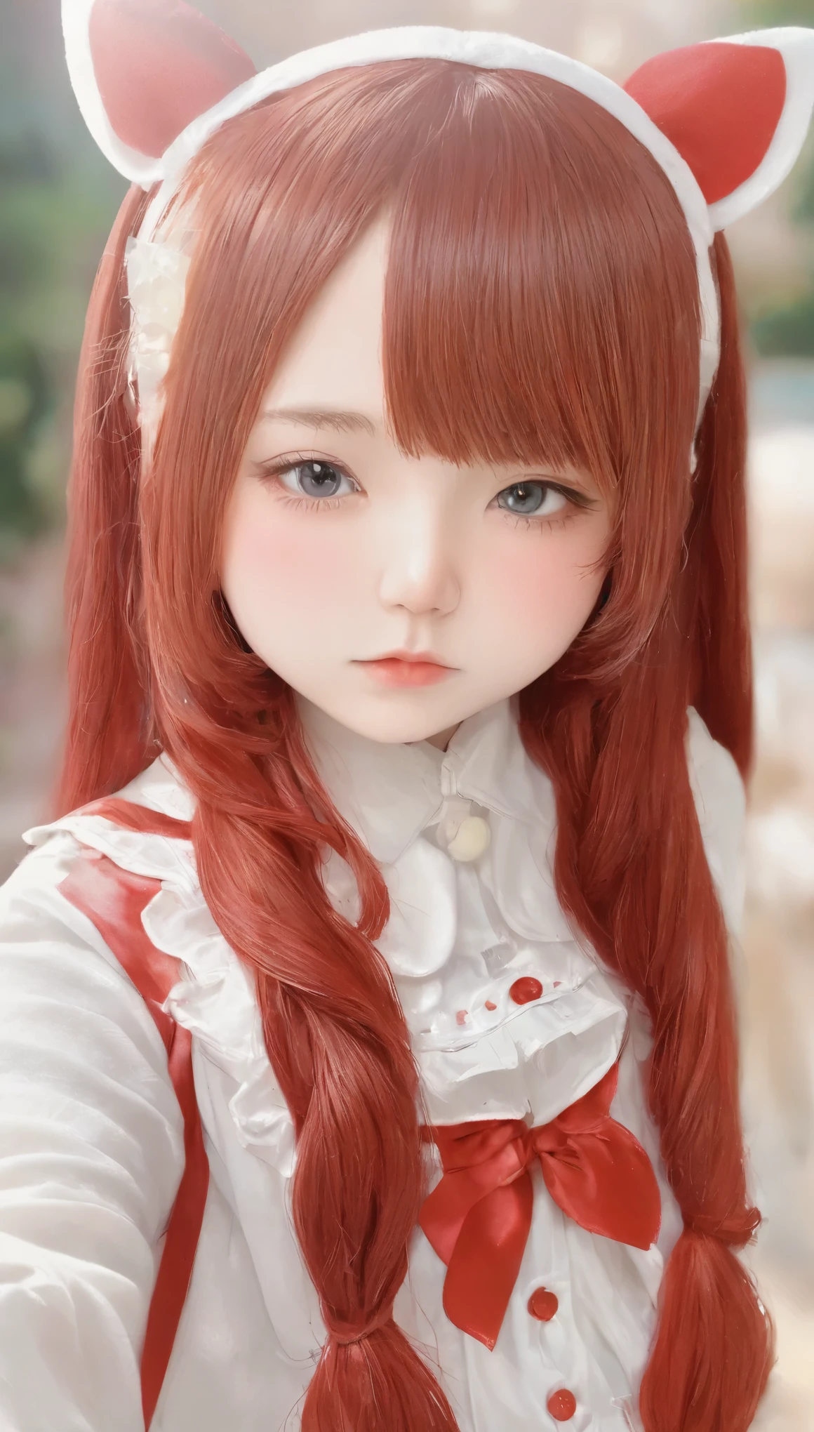 (((The head is white:1.2)))、(((Red tips:1.2)))、(((A beautiful gradation from white to red hair:1.2)))、One Girl、、big red ribbon hair ornament、Cute Face、、Natural look、Casual costume、Simple Background、Blurred Background、masterpiece:1.5、highest quality、Ultra-high resolution、Very detailed、８ｋ、