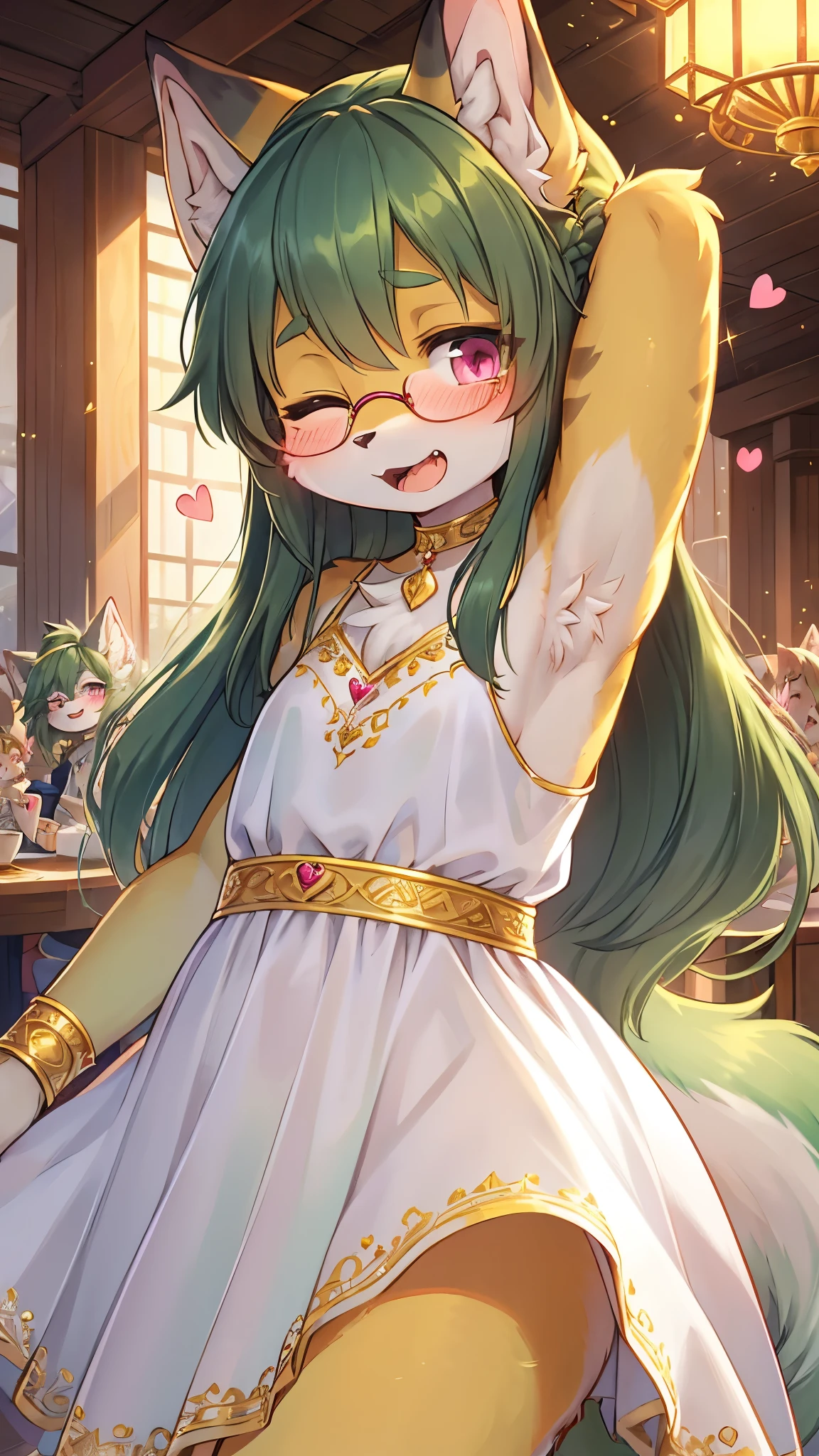 best quality,best resolution,(fluffy anthro furry :1.6),(young :1.6),cat girl,flat chest,(dark green hair :1.6),long hair,wavy hair,pink eyes,glistering eyes,sparkle eyes,ultra detailed eyes,(light yellow fur),(white dress with gold embroidery),heart choker,glasses,floral hair ornaments,gold bracelets,gorgeous restaurant,chanderia,sparkle stars surrounded,romantic light,full face blush,looking at viewer,heart expression eyes,heart eyes,shy face,open mouth,fang,armpit,left side view,one eye closed