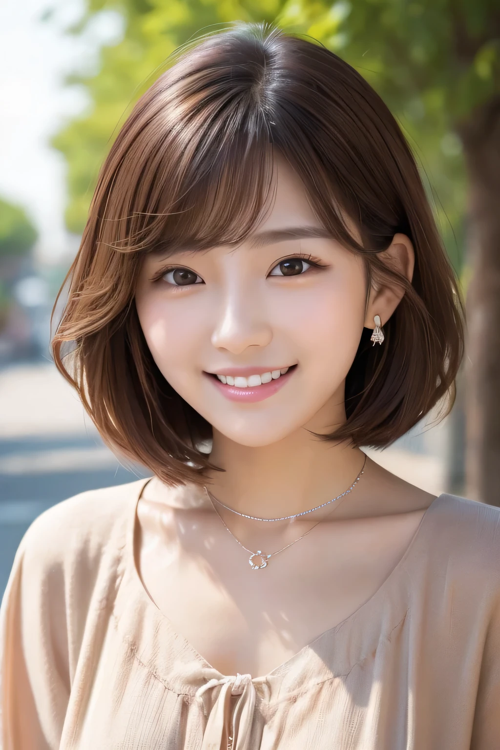 ２０Beautiful young woman of the year、 Korean women、Light brown hair、Wavy Hair、short hair、ear piercing、Necklace around the neck、blouse、smile, Beautiful teeth alignment、Intricate details, Very detailed:1.2), 、 Looking into the camera,The background is the town

