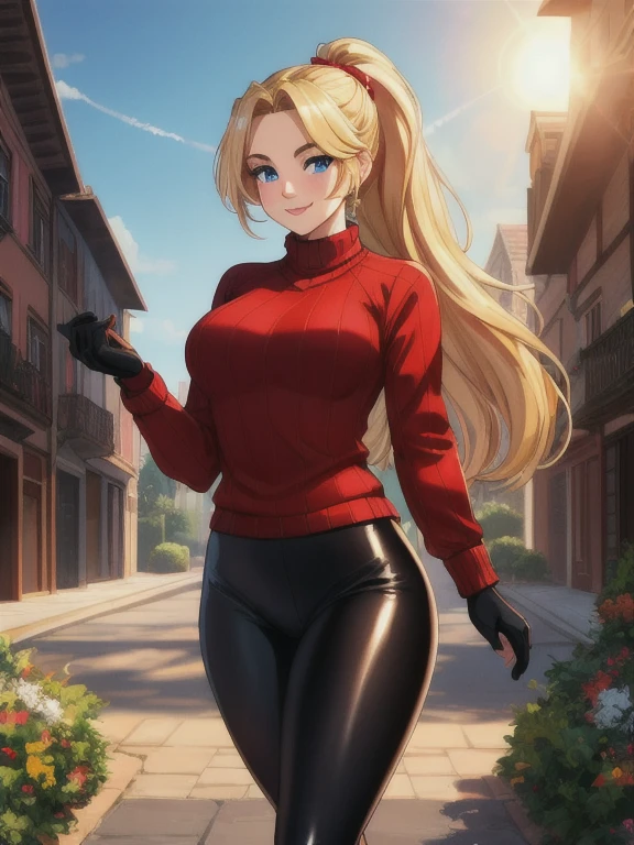 (best quality:1.2), intricate, absurdres, highest-quality, extremely-detailed, masterpiece, 8k UHD, 4k HDR, (Detailed face:1.2), (Detailed eyes:1.2), (Perfect figure:1.2), absurdres, solo,1girl, smile, looking at viewer, blonde hair, blue eyes, ultra long hair, ponytail, v-shaped eyebrows, (Wearing: red sweater, fingerless gloves, black shiny leggings), illustration, detailed background, soft lighting, vibrant colors, blurred foreground, subtle shadows, daytime ambiance, lens flare, expressive eyes, lively atmosphere, joyful expression, impeccable makeup, glossy lips, twinkling eyes, sunlit scene, whimsical feeling, standing,