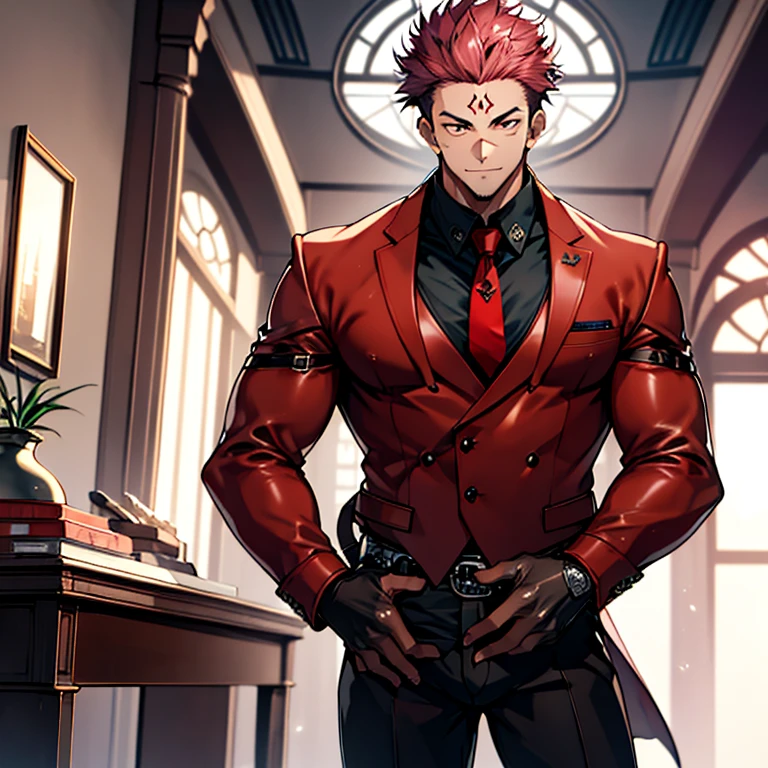 (masterpiece, best quality: 1.2), Solo, nsfw, male focus, 1boy, sukuna, tattoo_On_his_face, male, full bodyesbian, Red Leather jacket, Black Leather shirt, Leather pants, red Leather waistcoat, red Leather tie, Leather Gloves, Bulging muscles, A pink-haired, cow boy shot, 8K, super detailing, hands on penis, large erect penis over 10 inches length and 3 inches width, tight leather suit, inside the house,