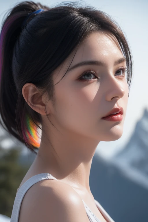 (photo_(medium):1.2), by Antonio J. Manzanedo, by Jeremy Lipking, 1girl, looking at the camera, (facing the viewer:1.1), (photorealistic:1.2), hyperrealistic, photorealism, close-up, head and shoulders, purple hair with rainbow streaks, short hair, ponytail, bangs, blue eyes, friendly, eyelashes, sleeveless, subsurface skin scattering, snowy mountain background, symmetry, depth of field, 8k, vfx, hdr, rtx