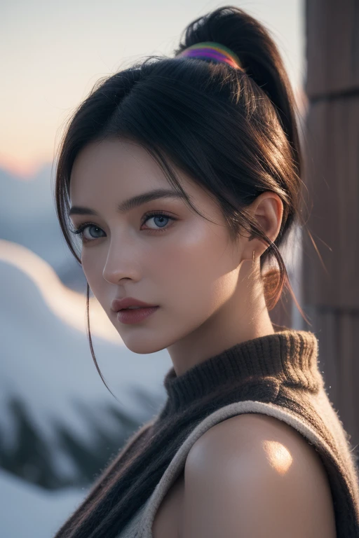 (photo_(medium):1.2), by Antonio J. Manzanedo, by Jeremy Lipking, 1girl, looking at the camera, (facing the viewer:1.1), (photorealistic:1.2), hyperrealistic, photorealism, close-up, head and shoulders, purple hair with rainbow streaks, short hair, ponytail, bangs, blue eyes, friendly, eyelashes, sleeveless, subsurface skin scattering, snowy mountain background, symmetry, depth of field, 8k, vfx, hdr, rtx