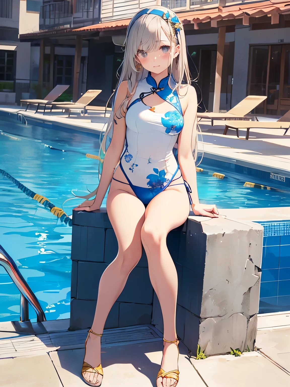 ((2D Beautiful Girl、highest quality:1.1、Perfect Fingers:1.2、Perfect Anatomy:1.2、Perfect outfit、Perfect Face:1.1、Beautiful illustrations))、(Conversion Sequence)、((cute decorative headbands、white, blue and gold cheongsam swimwear:1.1)、14 years、Solio、princess、Fractal Art、Baby Face、((Straight Long Hair))、(Slim and beautiful legs)、Big droopy eyes:1.1、(Full body shot:1.1、Long Shot Photography)、((1 person))、School poolside、Embarrassing、blush、standing、