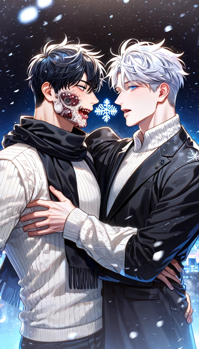 absurdres, highres, ultra detailed, HDR, master piece, best quality, extremely detailed face, delicated features, Kang Woojin, black messy hair, expressive dark blue eyes, Love Jinx, Gojou Satoru, white hair, expressive blue eyes, two sexy men together, gay couple, yaoi, handsome, black pants, black coat, white sweater, black scarf, fantasy, snowing, winter, snowflakes, apocalyptic, city, zombies in the background, horror