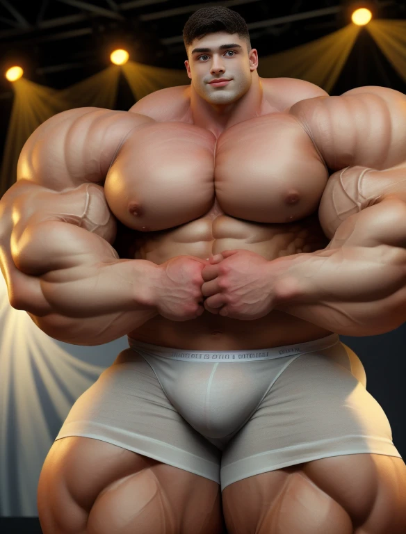1 boy, short black haircut, ultraheavyweight bodybuilder, standing, at the pageant show LED stage, strong body, bulk, naked, wear white triangular underwear, bulge, very big, brutalmass, giant, muscular body, bulk, massive body, large meaty body size, brown veiny skin, big arms, large meaty pecs, rounded muscle, UHD, Realistic, intricate detail, illuminating light