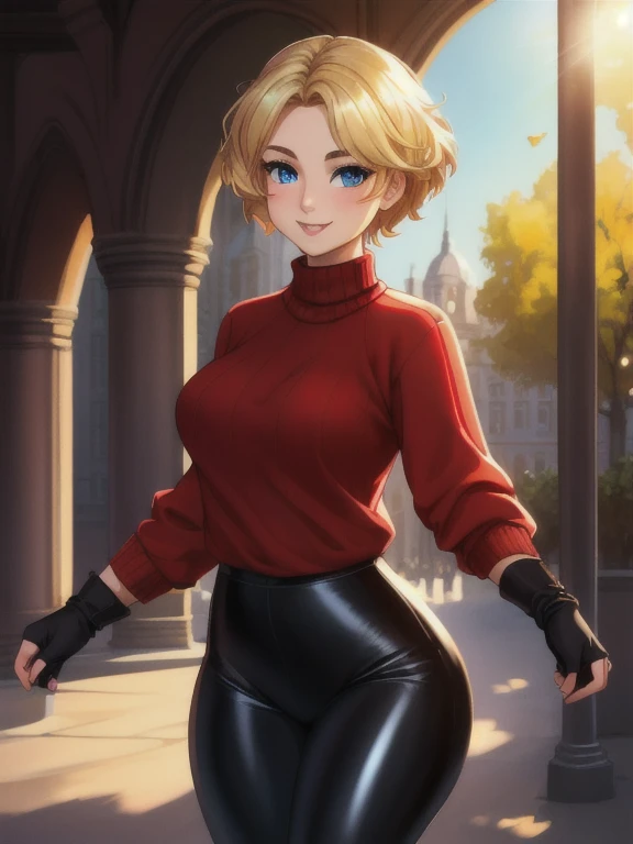 (best quality:1.2), intricate, absurdres, highest-quality, extremely-detailed, masterpiece, 8k UHD, 4k HDR, (Detailed face:1.2), (Detailed eyes:1.2), (Perfect figure:1.2), absurdres, solo,1girl, smile, looking at viewer, blonde hair, blue eyes, short hair, v-shaped eyebrows, (Wearing: red sweater, fingerless gloves, black shiny leggings), illustration, detailed background, soft lighting, vibrant colors, blurred foreground, subtle shadows, daytime ambiance, lens flare, expressive eyes, lively atmosphere, joyful expression, impeccable makeup, glossy lips, twinkling eyes, sunlit scene, whimsical feeling, standing,