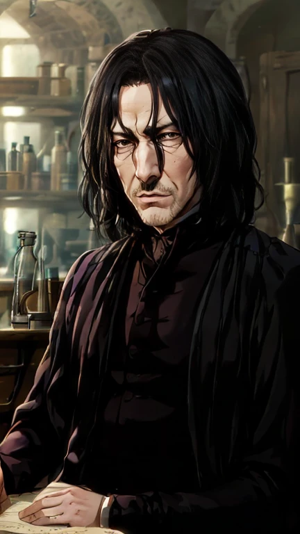 1 man, Severus snape, sitting at desk, writing on paper, open books on desk, looking at viewer, annoyed look, handsome, slight blush, potion bottles in background