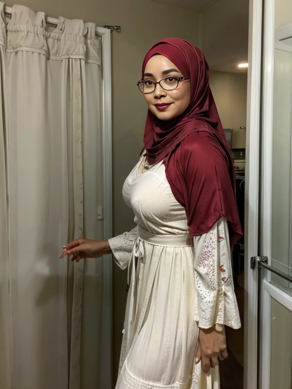 (double exposure), (full body photo), A gorgeous matured teacher stand behind white board,((50 year old)), ((malay women)), slightly curvy fit body shape, bigger ass, giga_busty, huge thighs, wearing ((fitted sheer long dress)), ((hijab)), smirk on camera, indoor,door,islamic style,arabic calyraphy,wall,,  pov, solo, single,  (SFW), texture, ultra high res, RAW, instagram LUT, masterpiece, best quality, ultra-detailed, ultra high resolution, RAW, 4k, (looking at viewer), extremely detailed eyes and face, (beautiful detailed nose), (beautiful detailed thigh), (beautiful detailed eyes), perfect body proportion, (looking at the camera),smirk, red lips, (she wear glasses)