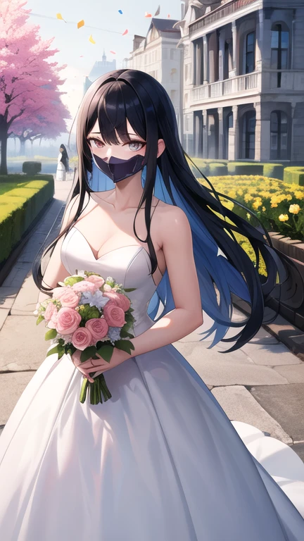 masterpiece, best quality, highres, aasaori, halo, long hair, black hair, mouth mask, black mask, garden, confetti, standing, holding bouquet, wedding dress,