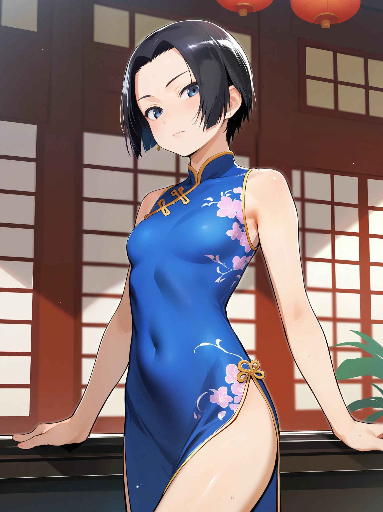 score_9, score_8_up, source_anime, solo, 1girl, tomboy, dress, boa hancock, lole, young, ((aged down)), ikuchan, black hair, black hair, oriental, Chinese dress, short dress, short hair, indoors