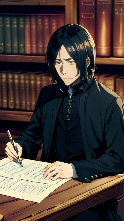 1 man, Severus snape, sitting at desk, writing on paper, open books on desk, looking at viewer, annoyed look, handsome, slight blush, potion bottles in background