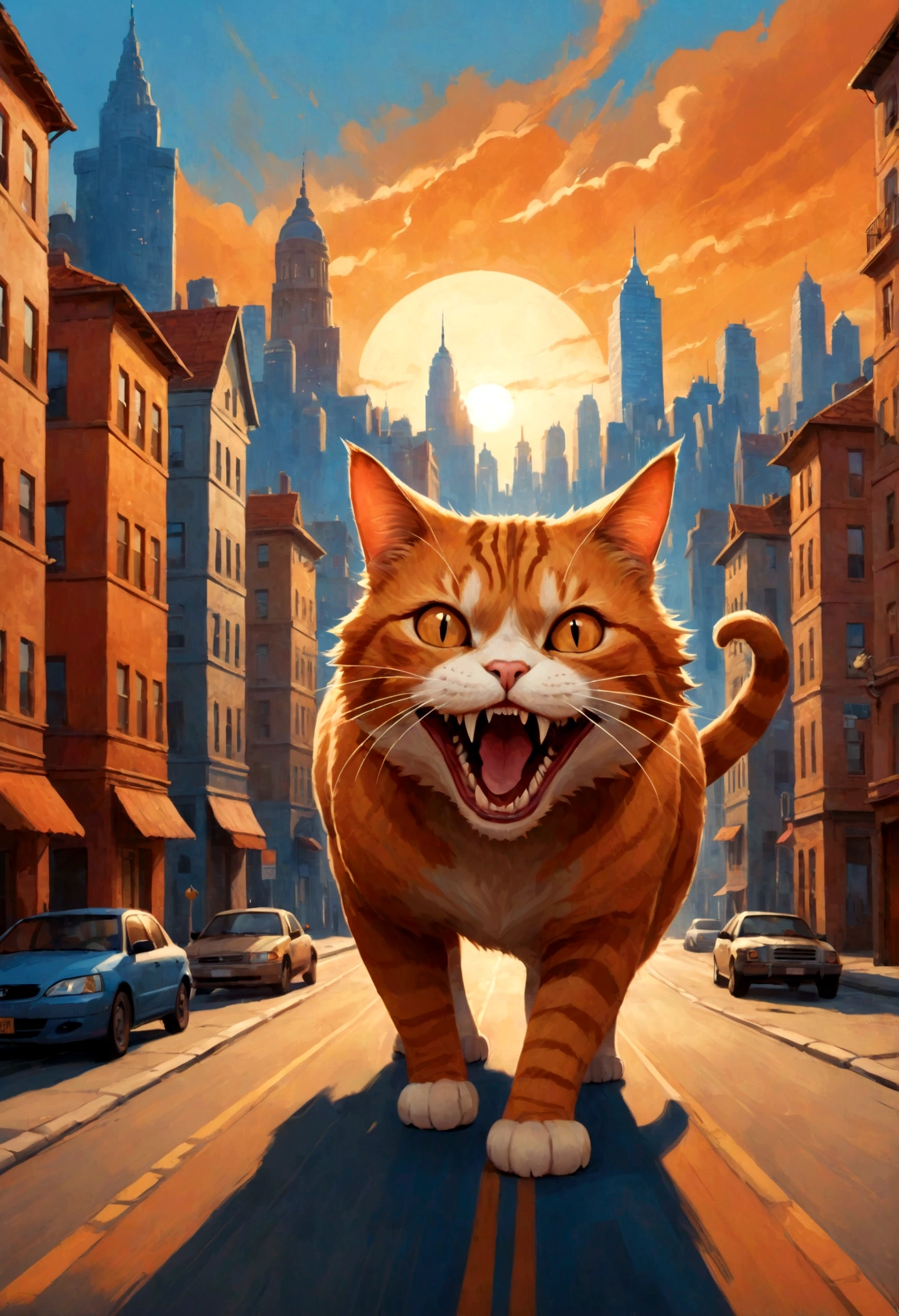 Giant cat in the room，indoor，living room，sofa，TV set，Look at the audience，Surrealism