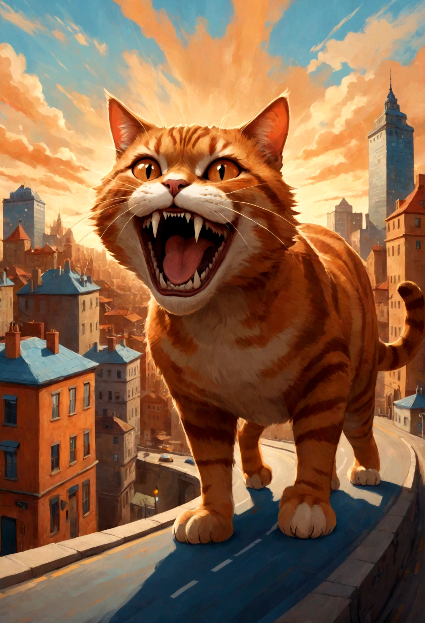 Giant cat in the room，indoor，living room，sofa，TV set，Look at the audience，Surrealism