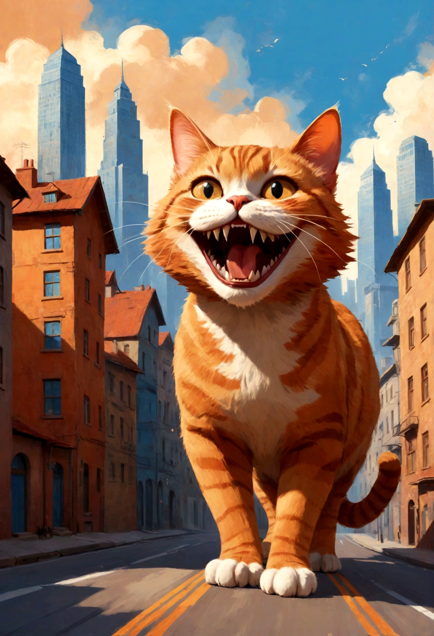 Giant cat in the room，indoor，living room，sofa，TV set，Look at the audience，Surrealism