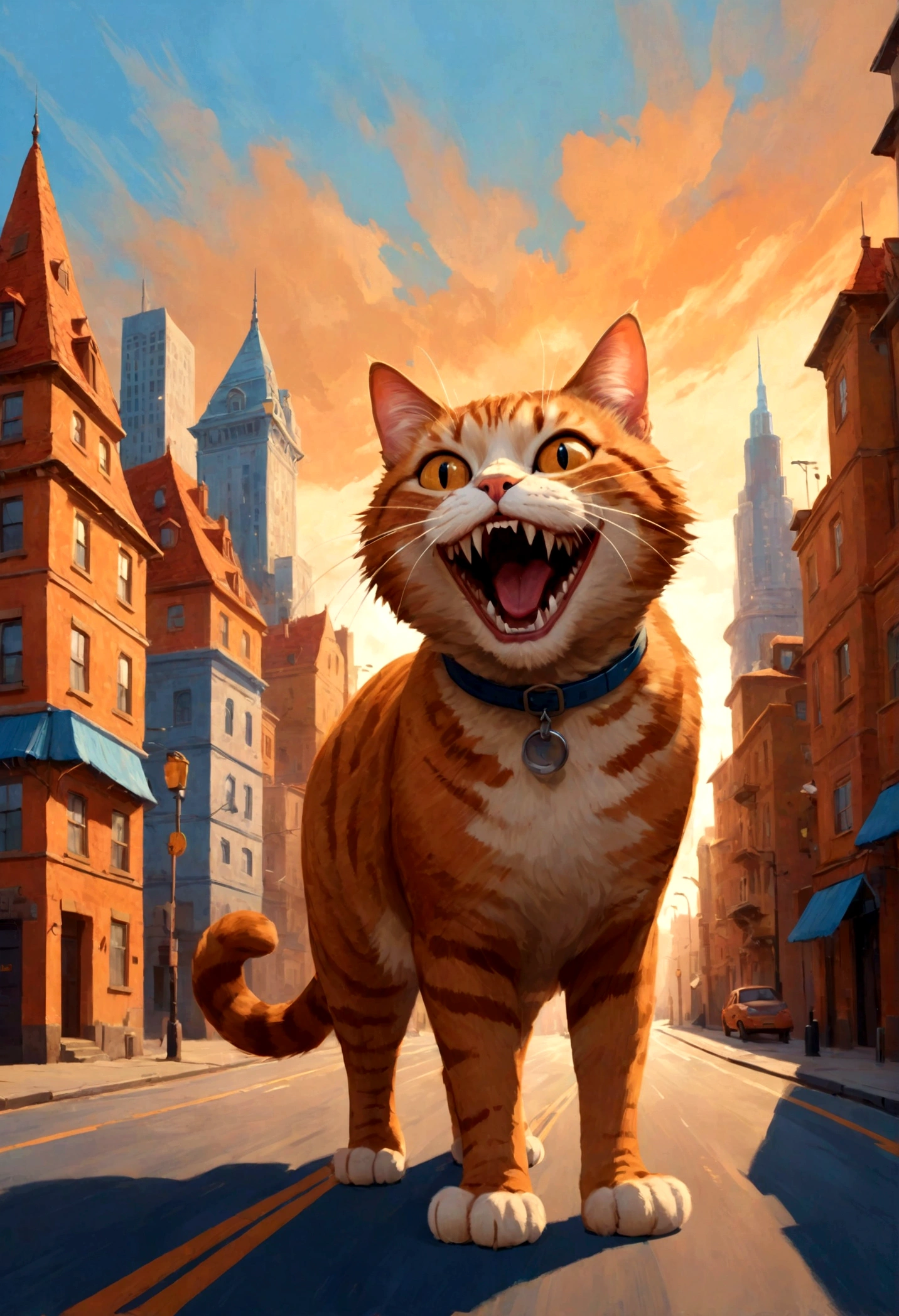 Giant cat in the room，indoor，living room，sofa，TV set，Look at the audience，Surrealism