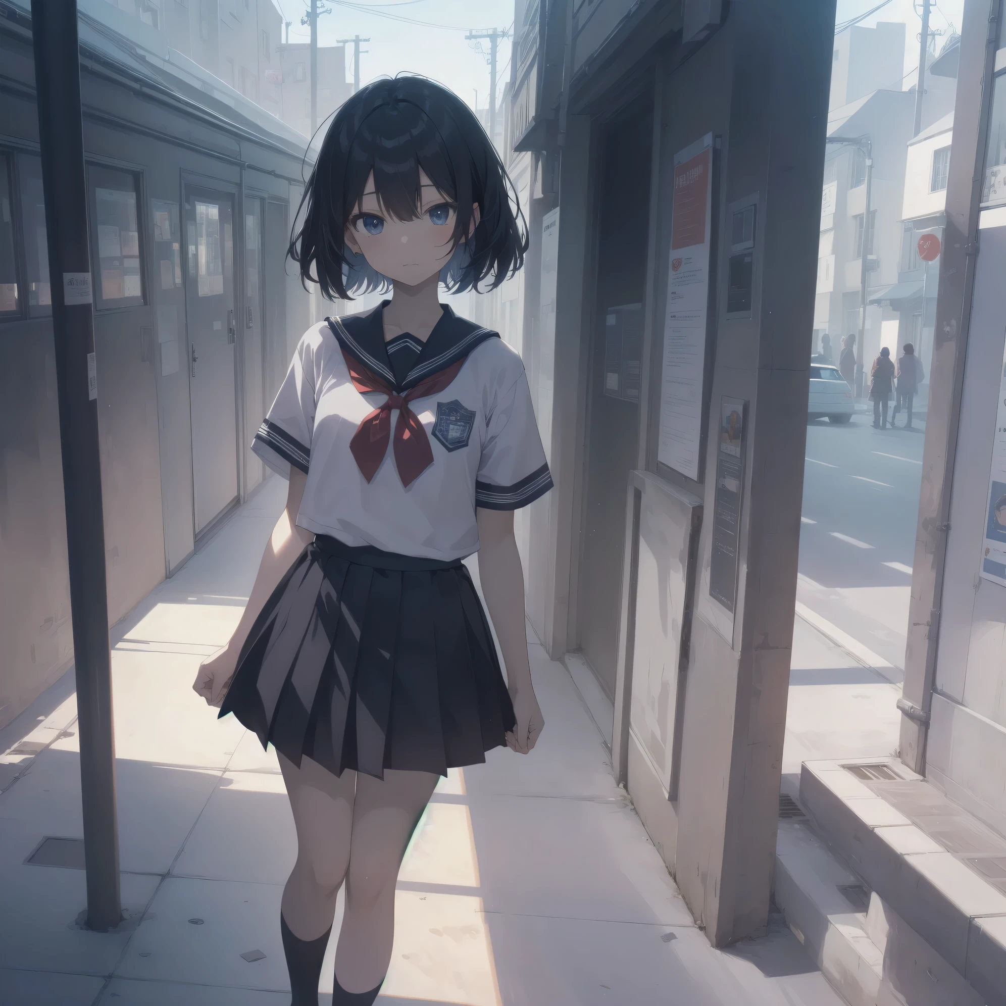 ultra-absurdres-Top quality by artist God, ultra-detailed, high resolution, anime moe artstyle, best anime 8k konachan wallpaper, pixiv contest winner, pool:2810, perfect anatomy,break, 1girl, (Please draw a girl walking sleepily to school alone. )break,(Solo,little female, 13-year-old:1.3),Full limbs, complete fingers,a junior high school student, (very short hair), short cut, flat chest, , small butt, small black eyes, beautiful detailed eyes, well-proportioned iris and pupils, expressive eyes, highres detailed hair, soft expression, salor school_uniform, sailor collar, serahuku, bow, pleated skirt,(Detailed Lighting), (Detailed background), in the School commute route. break,super detailed skin, Best cinematic lighting powered by famous artist, 8k,beauty illustration,photoshop_(medium),very aesthetic,break,((artist:tsuda_nanafushi )), artist:clamp ,artist:carnelian ,artist:kantoku ,