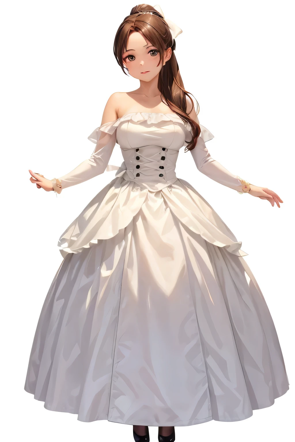 (masterpiece, highest quality), One girl, White dress, High Ponytail, Red eyes ,Brown Hair, Large Breasts, Absurd, High resolution, Super sharp, whole body