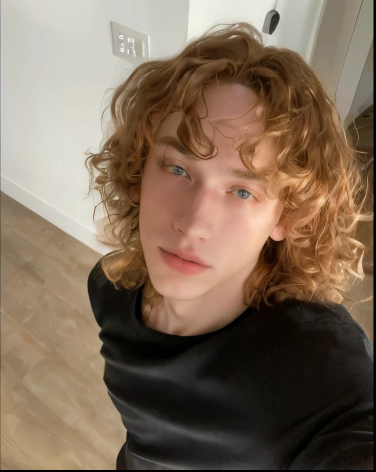there is a man with curly hair taking a selfie, pale skin curly blond hair, he has short curly brown hair, taken in the early 2020s, curls on top of his head, curly middle part haircut, leaked image, red haired teen boy, with long curly hair, curly blonde hair | d & d, with curly red hair