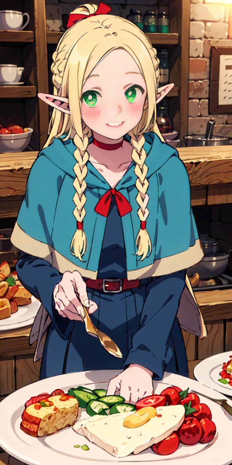 1girl, solo, blonde hair, long hair, twin braids, elf, pointy ears, green eyes, red choker, blue capelet, eating, plate, spoon solo, smile, blush, looking at viewer (Marcille Donato)