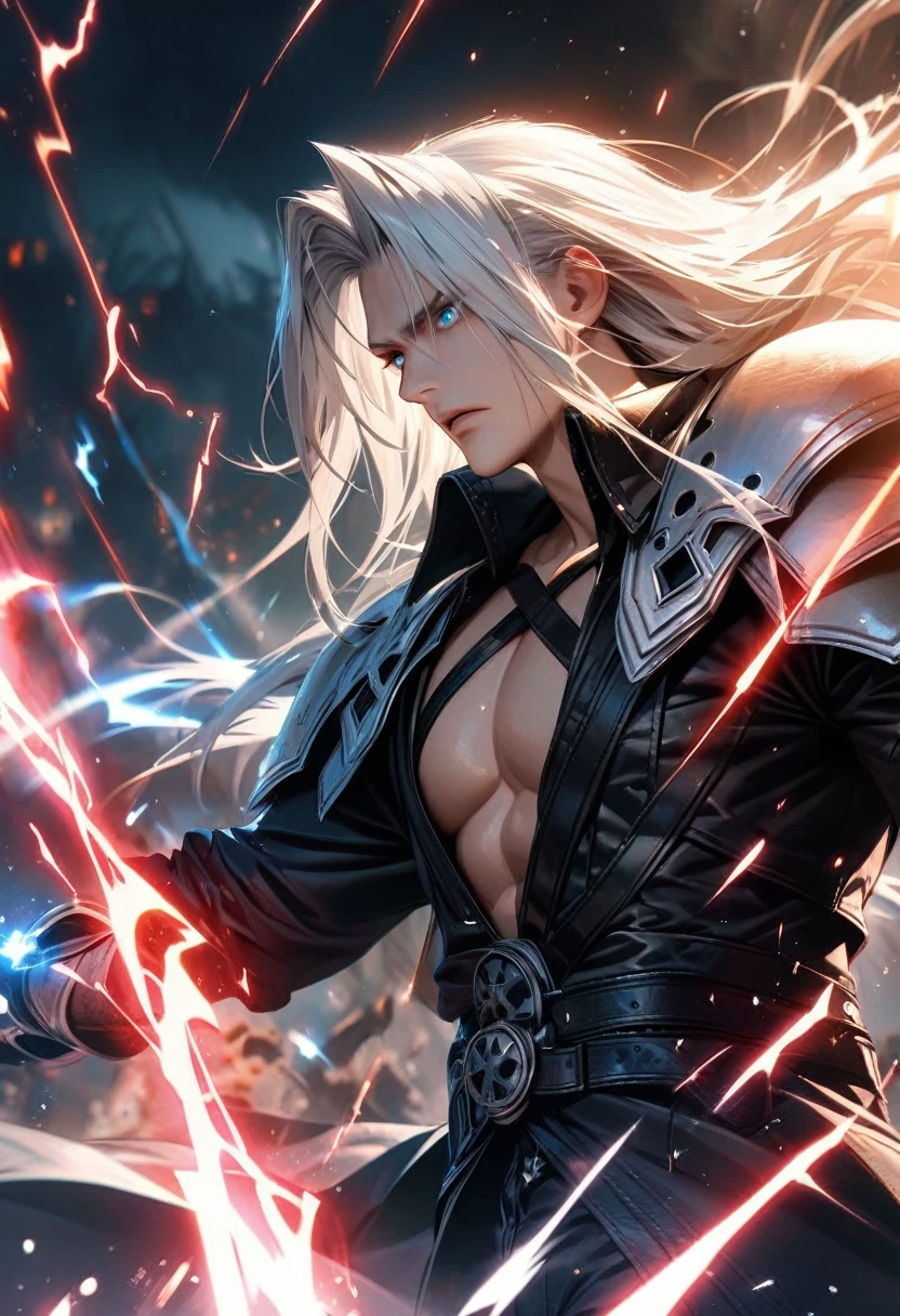 absurdres, highres, ultra detailed, HDR, masterpiece, extremely detailed face and eyes, sephiroth,final fantasy 7, long white hair , , solo, man, handsome, ,, , Epic fight scene, black lightning effect, glowing glitters