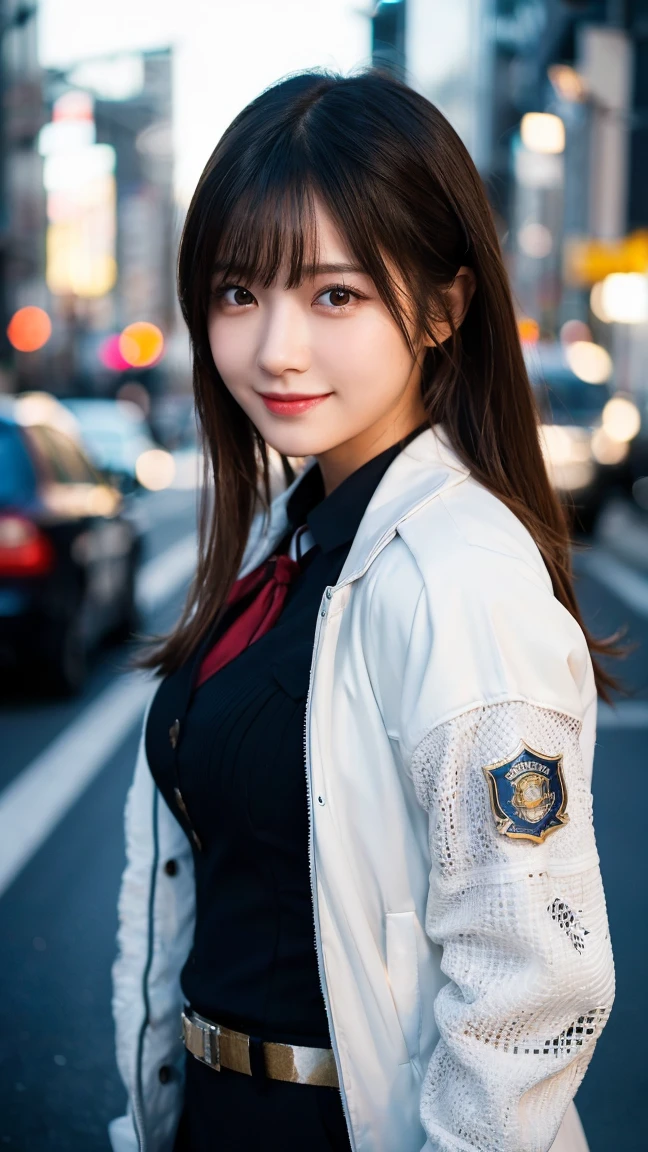 (highest quality,masterpiece:1.3,ultra high resolution),(Super detailed,caustics,8k),(photorealistic:1.4,RAW shooting),1 girl,(look at the camera with a smile),20-year-old,cute,Japanese,black hair long bronde, (Cyberpunk combined with fantasy style clothing,Openwork design,joint armor,police uniforms,White jacket,Red), big ,bust up shot,street,face focus,Natural light,Backlight,(A bright light shines from above),(Lens flare),professional writing,(low position),(Low - Angle)