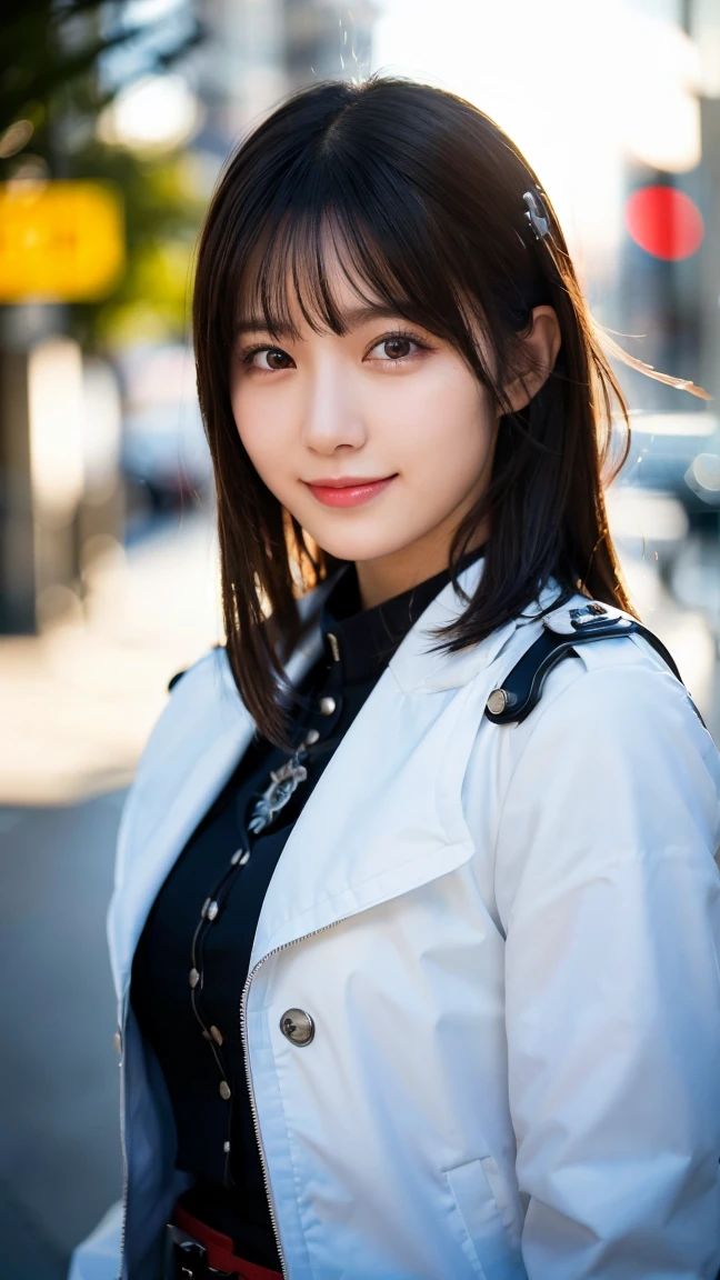(highest quality,masterpiece:1.3,ultra high resolution),(Super detailed,caustics,8k),(photorealistic:1.4,RAW shooting),1 girl,(look at the camera with a smile),20-year-old,cute,Japanese,black hair long bronde, (Cyberpunk combined with fantasy style clothing,Openwork design,joint armor,police uniforms,White jacket,Red), big ,bust up shot,street,face focus,Natural light,Backlight,(A bright light shines from above),(Lens flare),professional writing,(low position),(Low - Angle)