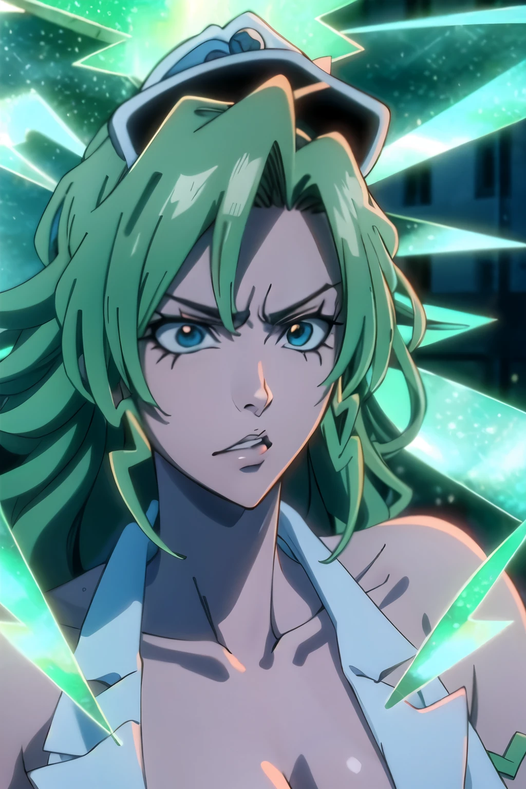 anime girl with green hair and a white shirt and a blue bow, the godess hera looking angry, in the anime film, the goddess hera looking angry, symphogear, tatsumaki from one punch man, gyro zeppeli, today's featured anime still, 2 0 1 9 anime screenshot, screenshot from the anime film, tatsumaki with green curly hair