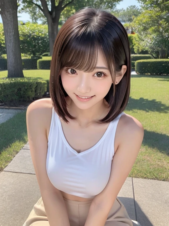 ((highest quality)), ((masterpiece)), (detailed),Japanese Beauty, One Girl, (beautiful girl:1.3), (20-year-old:1.2), Very fine grain definition, (Symmetrical eyes:1.3), Beautiful breasts, Brown eyes, Parted bangs, Dark Hair, sitting on a bench in a green park, (Pose with hair tucked behind ear with one hand:1.5), Smiling a little embarrassed