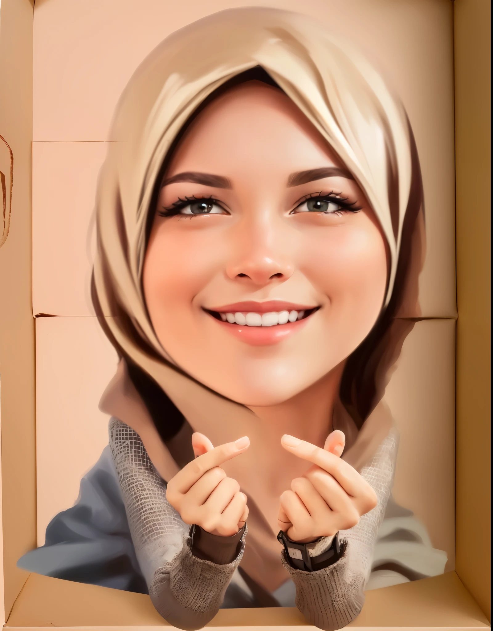 arafed woman hijab in a box with a smile and hands up, Cream hijab, caricature illustration, cartoon portrait, close up potrait, digital art cartoon, cartoon digital painting, cartoon digital art, caricature style, cartoon artstyle, in cartoon style, proffesional illustration, digital cartoon painting art, realistic digital illustration, realism artstyle, in style of digital illustration