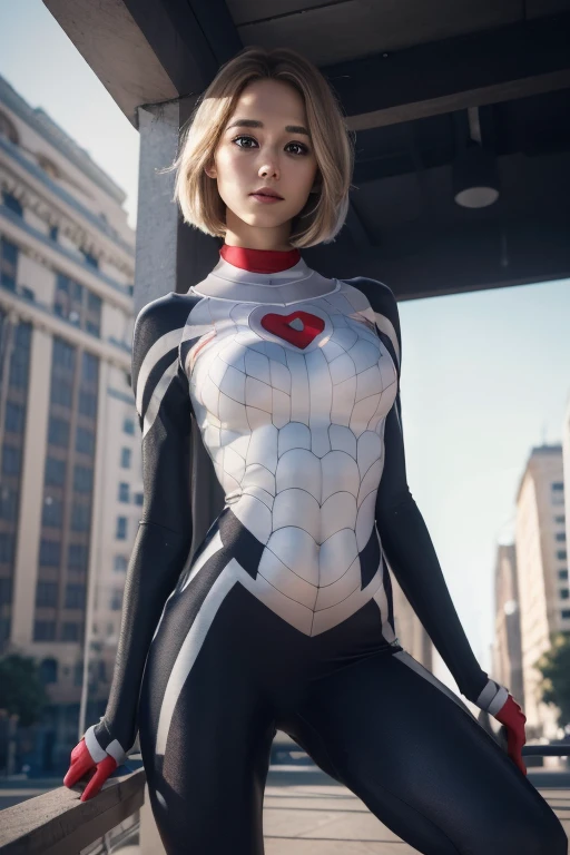 Ultra HD, Artwork, accurate, Anatomically correct, super details, high details, high quality, best quality, 8K, High resolution. The heroine, Spider Woman (Gwen Stacy), looks gorgeous in a full-length photo. Blue eyes, very short blonde hair, turn her into a goddess of beauty. Spider Woman's costume consists of: Tight jumpsuit with black and white stripes, reminiscent of a spider web, Black boots with white details, white gloves, A black sweatshirt or jacket with white stripes. she looks very sexy, drawing attention to her big breasts and muscular body. She is at the top of a building.