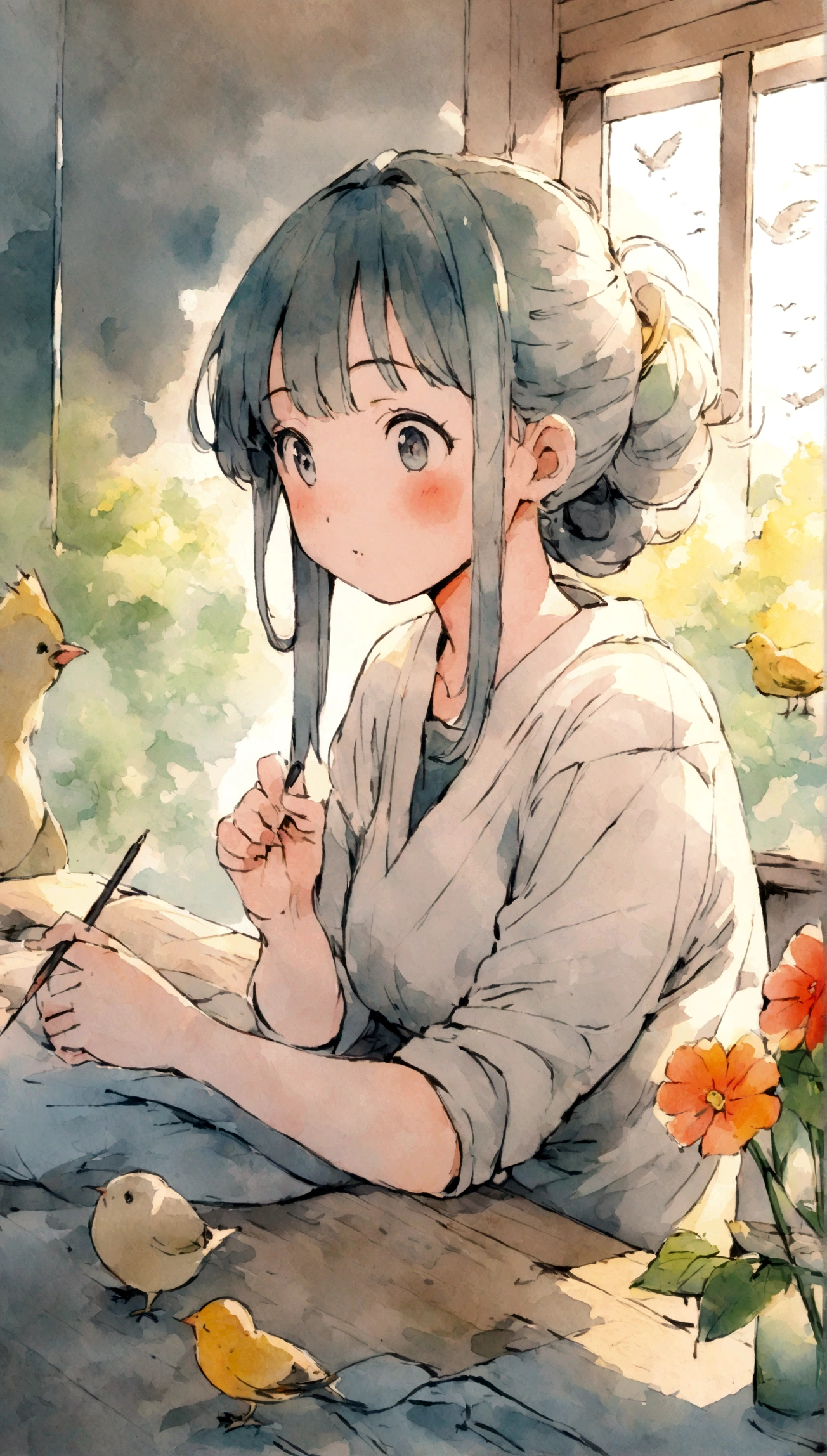 Flowers and birds, japan manga style, sketching, Watercolor color.