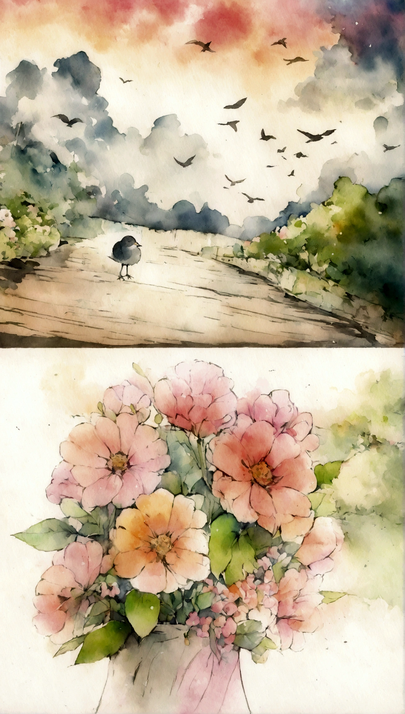 Flowers and birds, japan manga style, sketching, Watercolor color.